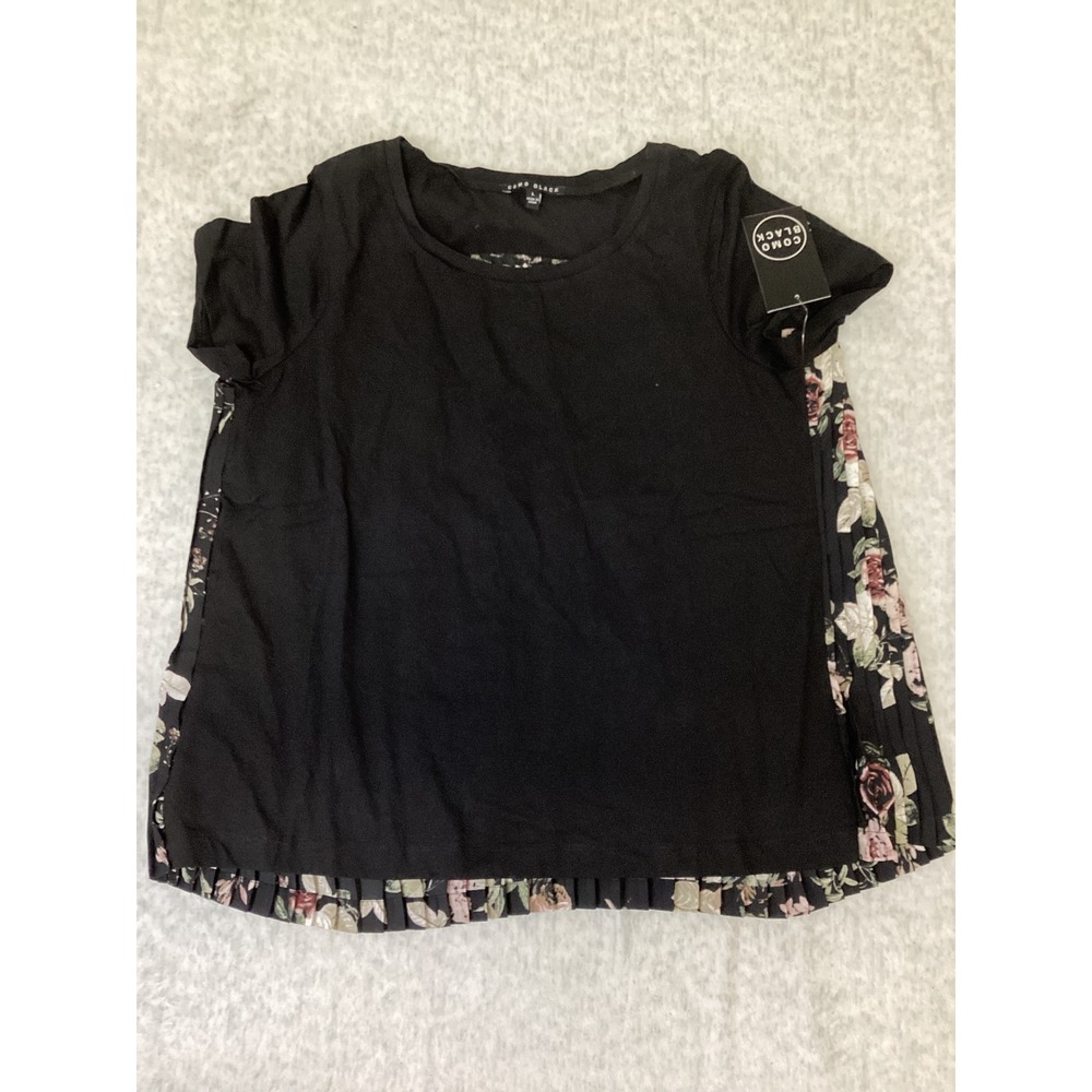 Como Black Womens Short Sleeve Pleated Floral Back Mixed Media Top Black Large